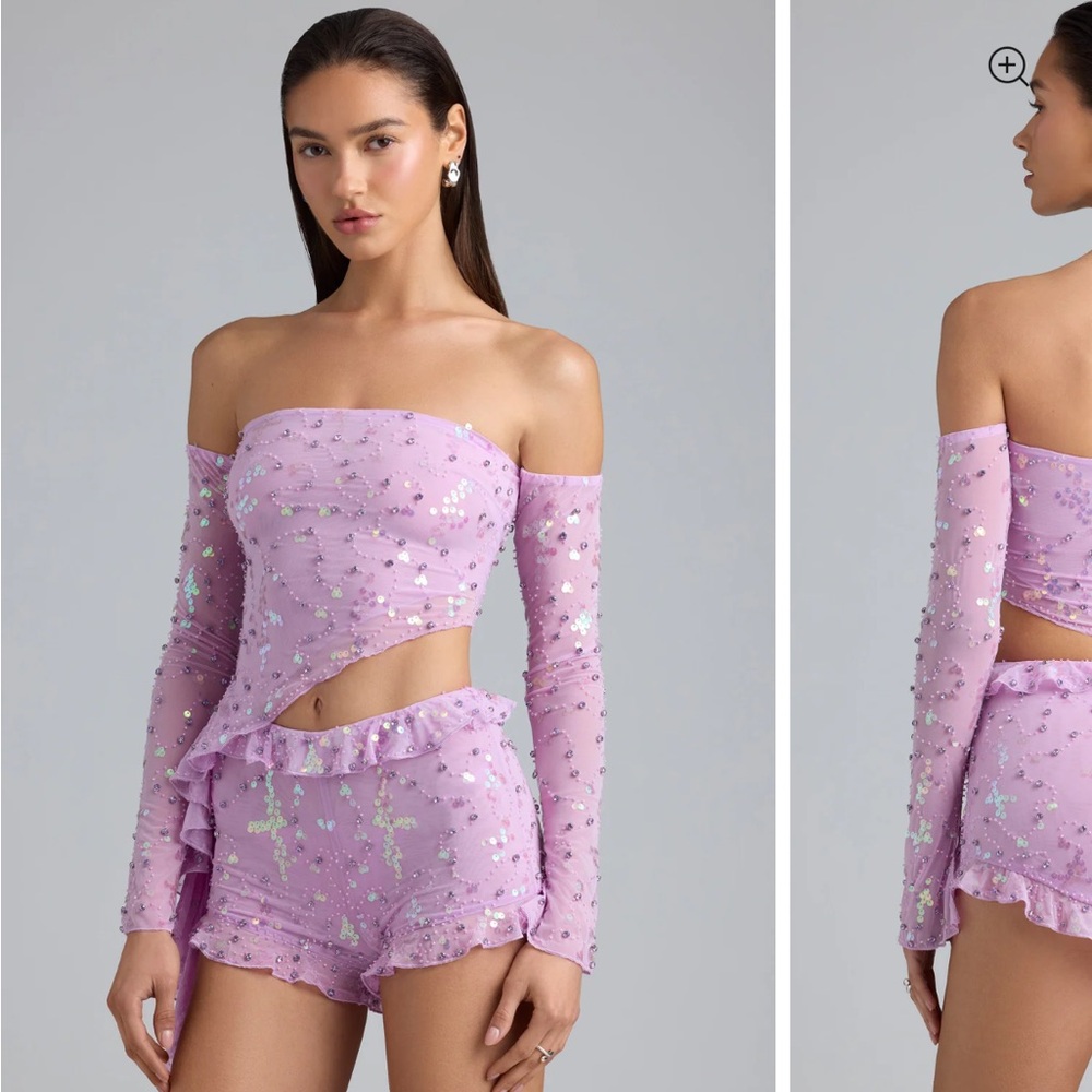Oh Polly Lilac Sequin Off-Shoulder Crop Top